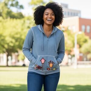 Quacker Factory Birdhouse Full Zip Hoodie Womens Large Blue Birds Jacket